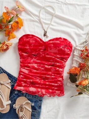 Red Ruched Strapless Floral-Print Tube Camisole